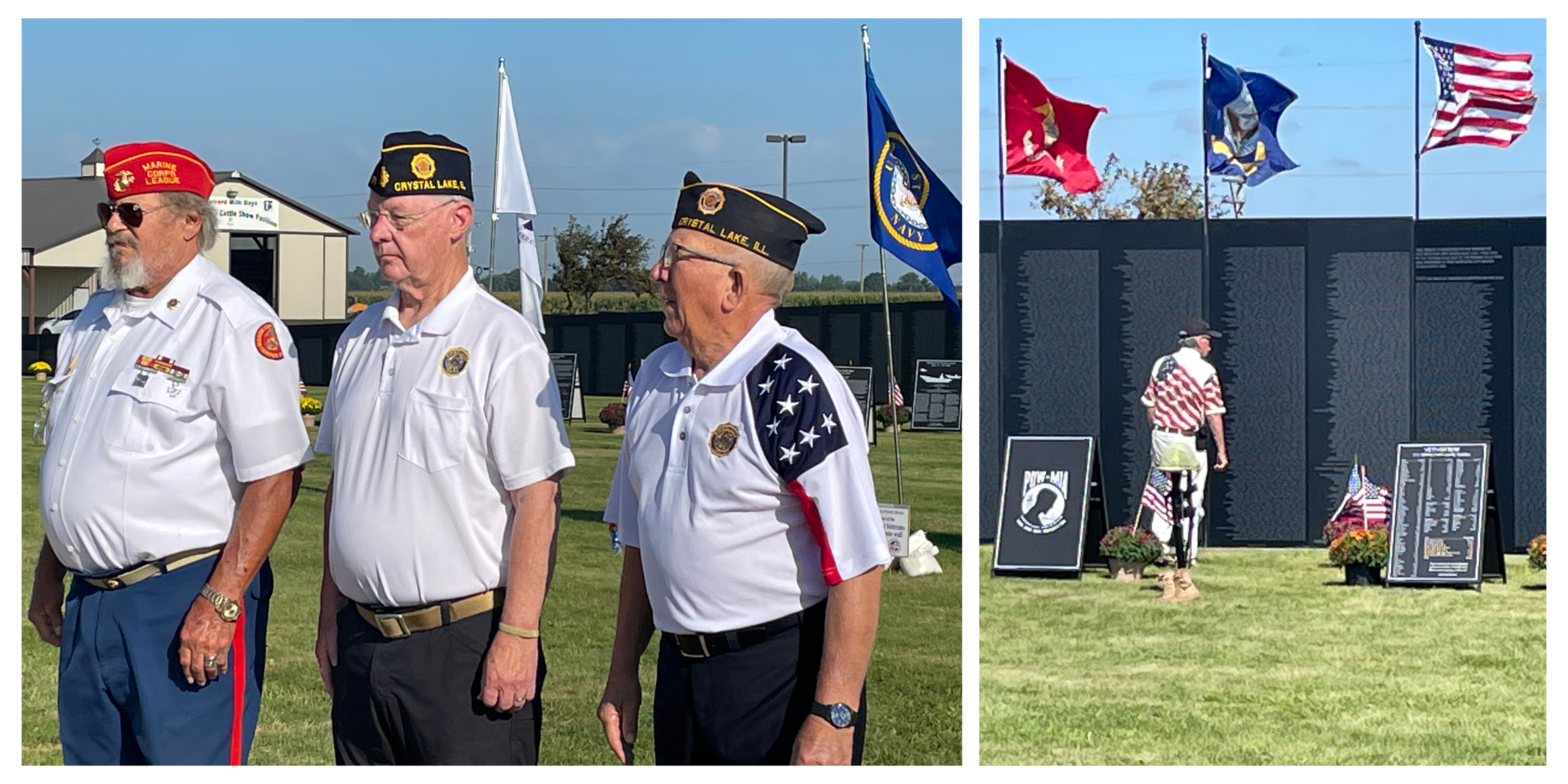 Various local and county American Legion veterans attend the tribute to participate in numerous ceremonies (left). A local veteran pays respect to his fallen comrades (right).