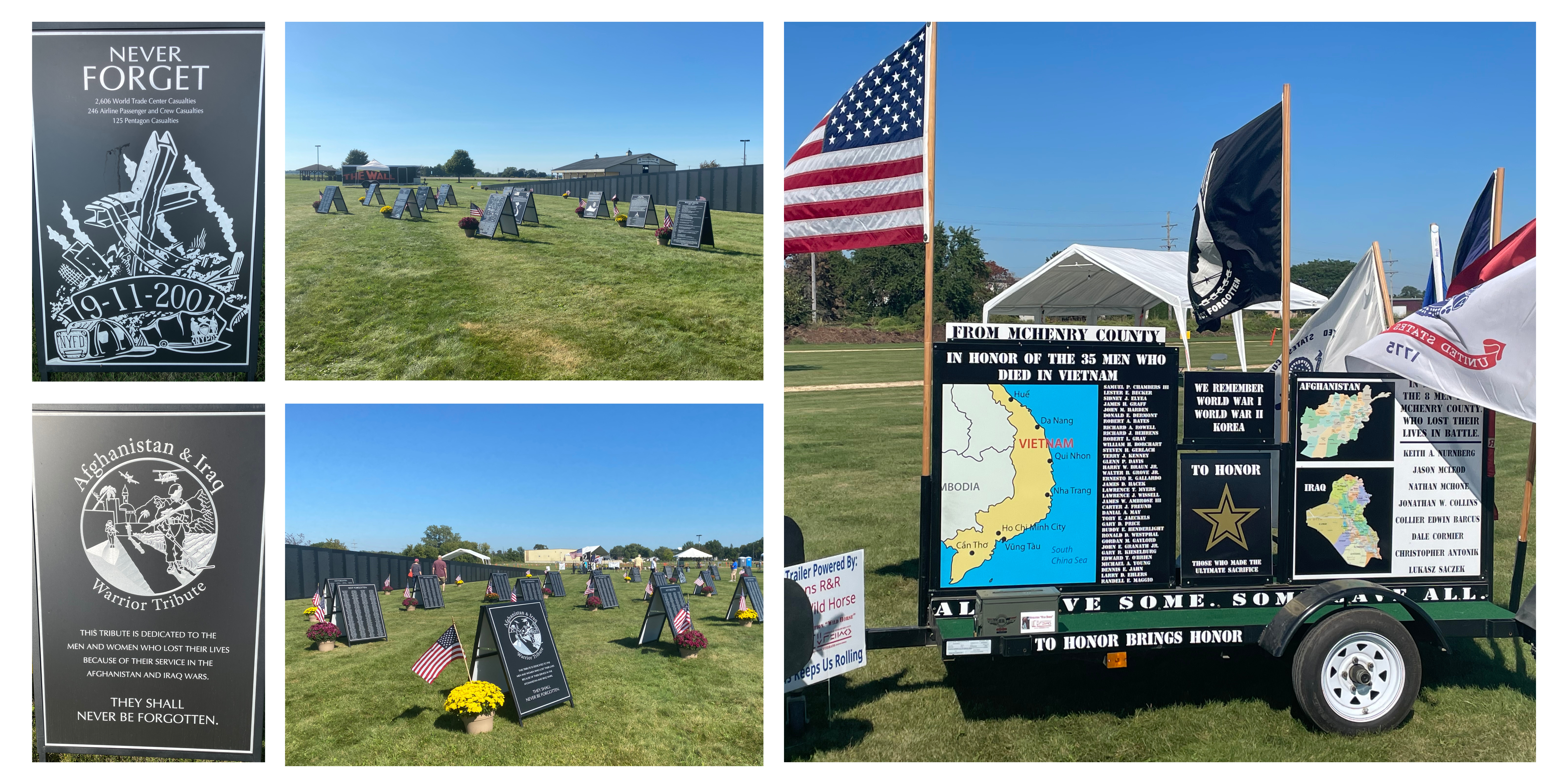 The American Veterans Traveling Tribute also provides information about 9-11 and the wars in Afghanistan and Iraq. In addition, the names of fallen veterans from McHenry County (right) who served in various wars throughout history provide a local reminder of those who gave their life for their country.