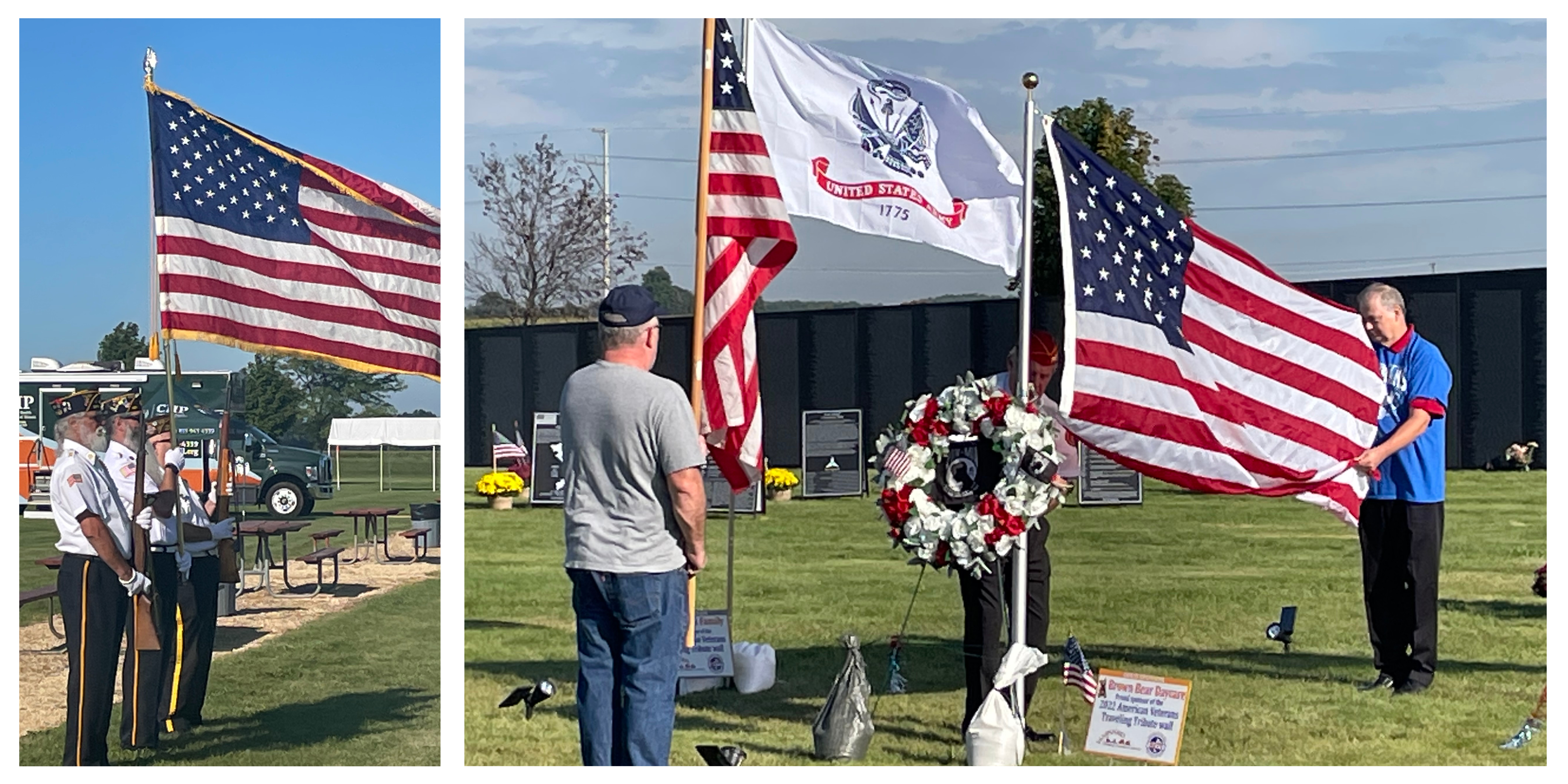 American flags play a pivotal role at the daily opening ceremonies. Throughout the ceremony, veterans in the Color Guard (left) help post the colors for the day. Two volunteers (right) are helping a veteran adjust the American flag on the flagpole making sure it doesn’t touch the ground before extending the flagpole.